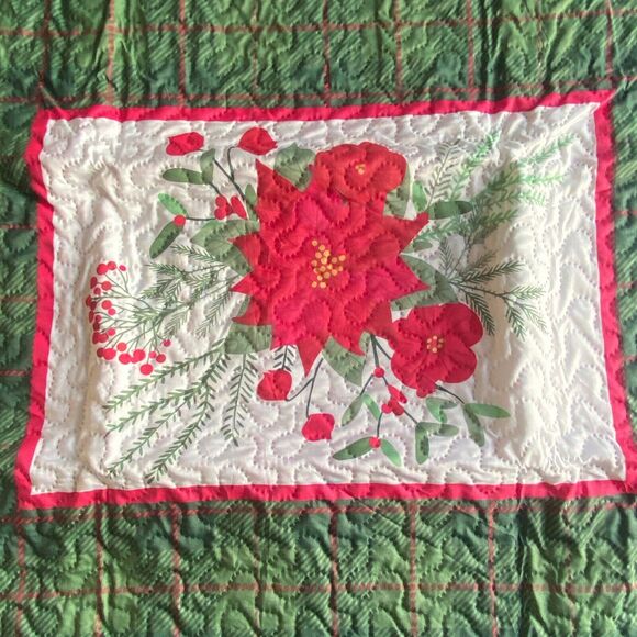 2 Christmas Poinsettia Lattice Pillow Shams Standard Quilted Holiday Decoration - Picture 4 of 9